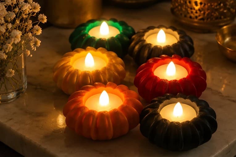 The six PetalGlow holders lit by LED tealights on a marble tabletop