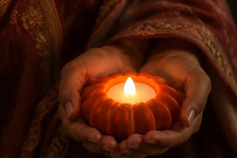 Two hands holding an orange PetalGlow holder with a lit LED tealight