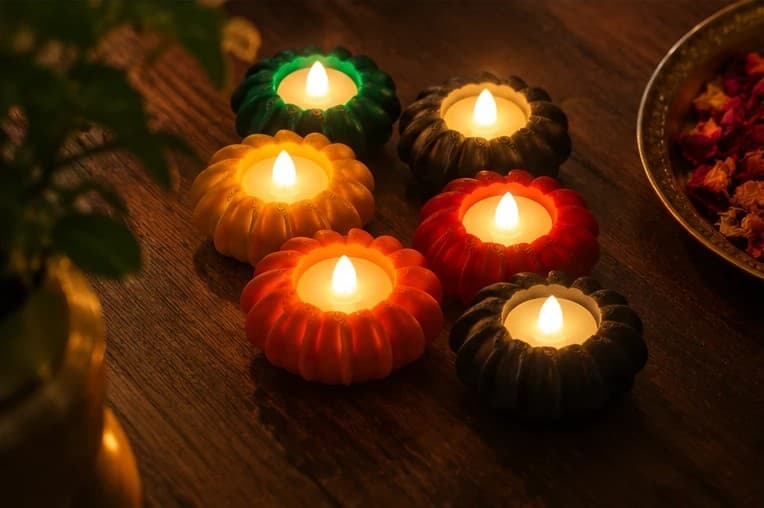 The six PetalGlow holders lit by LED tealights on a wooden table