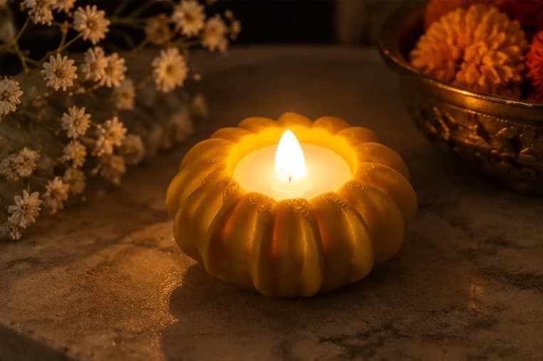 A gold PetalGlow holder lit by an LED tealight beside small white flowers