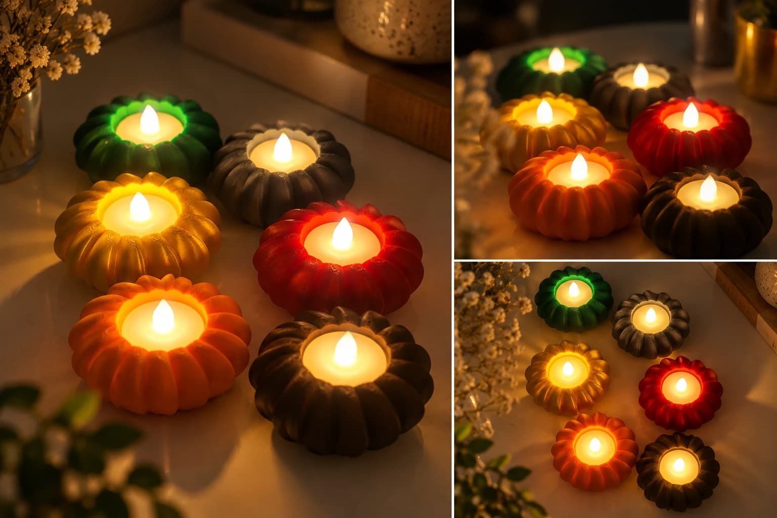 Three views of the six PetalGlow holders lit by LED tealights on a table: orange, red, gold, silver, brown and green